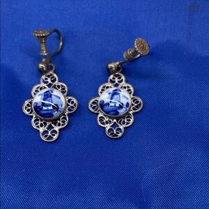 Blue Porcelain Cabochon Filigree Screw-Back Earrings - Unbranded
